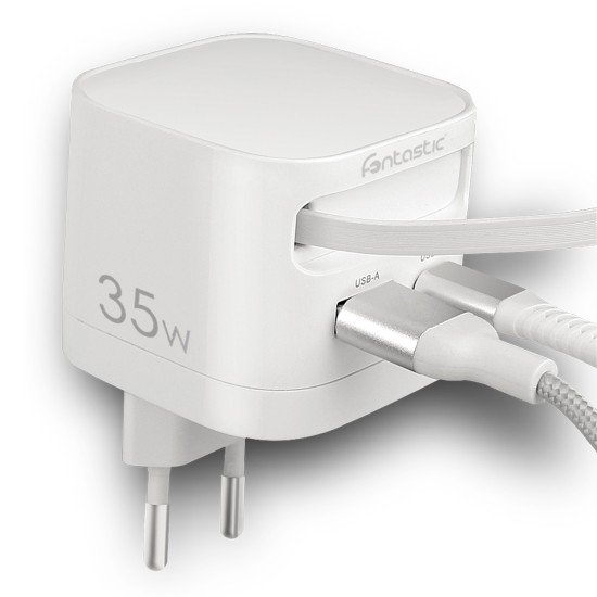 Fontastic 35W GaN Charger with retractable cable Type-C + A Ports, Cable Type-C PD FC “Zap" white