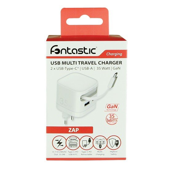 Fontastic 35W GaN Charger with retractable cable Type-C + A Ports, Cable Type-C PD FC “Zap" white