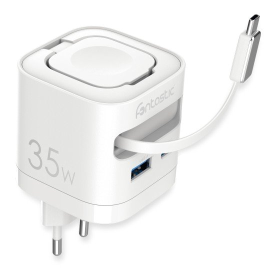 Fontastic 35W GaN Charger with retractable cable iWatch Wireless Charger C+A Port PD FC “Zap" white