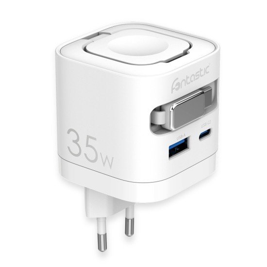 Fontastic 35W GaN Charger with retractable cable iWatch Wireless Charger C+A Port PD FC “Zap" white