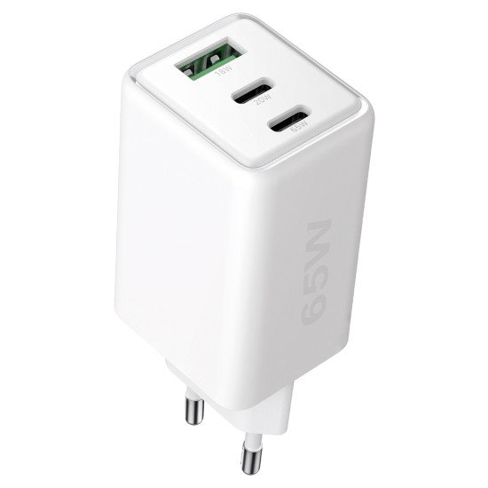 Fontastic AC Charger GAN 65W, 2 x Type-C + USB-A Power Delivery, Fast Charge, "Zono", white