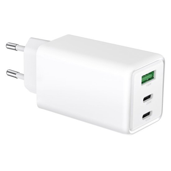 Fontastic AC Charger GAN 65W, 2 x Type-C + USB-A Power Delivery, Fast Charge, "Zono", white