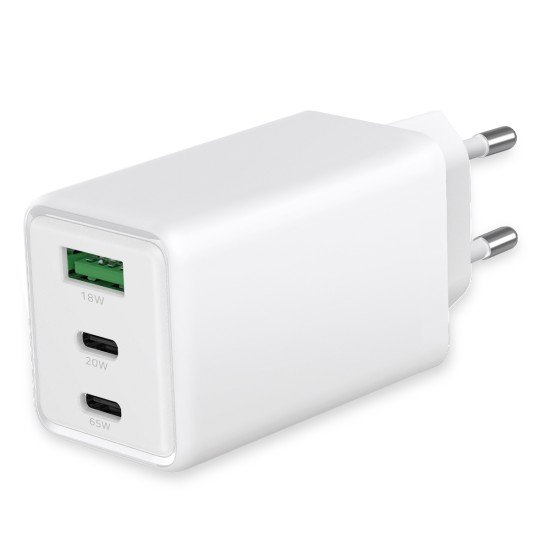 Fontastic AC Charger GAN 65W, 2 x Type-C + USB-A Power Delivery, Fast Charge, "Zono", white