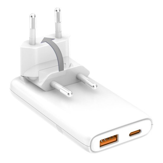 Fontastic 65W Compact AC Charger w/ Foldable Plug Dual-port USB C + A, Power Delivery &ldquo;Fold65&rdquo; white