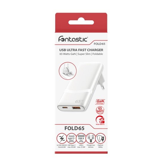 Fontastic 65W kompaktes Netzteil mit Klappstecker Dual-Port USB Typ-C + A, Power Delivery, Fold65 ws