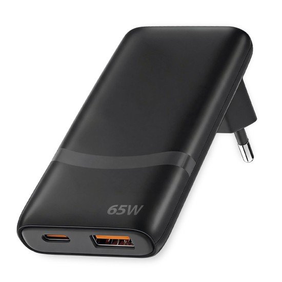 Fontastic 65W Compact AC Charger w/ Foldable Plug Dual-port USB C + A, Power Delivery &ldquo;Fold65&rdquo; black