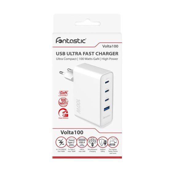 Fontastic GaN 100W Ladeg&auml;ret &bdquo;Volta100&rdquo; wei&szlig; USB 1xA + 3xC Ports PD schnelles effizientes Laden