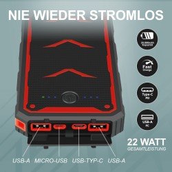 Solar Power Bank Xora20 20000mAh schwarz Fast Charge, LED Licht, 2 x USB-A, 1 x Typ-C Solar Power Bank Xora20 20000mAh schwarz Fast Charge, LED Licht, 2 x USB-A, 1 x Typ-C