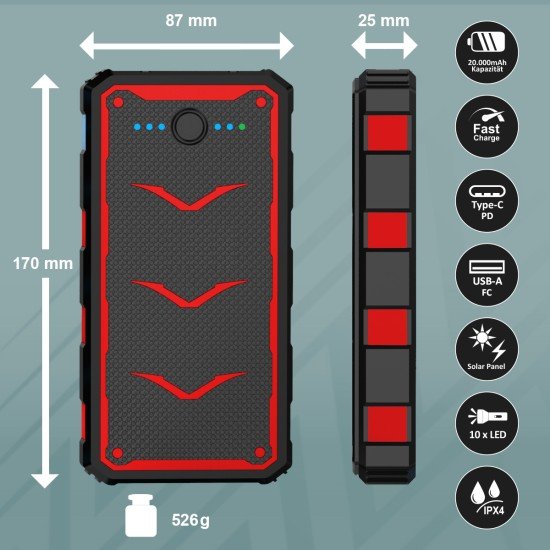Solar Power Bank Xora20 20000mAh black Fast Charge, LED Light, 2 x USB-A, 1 x Type-C