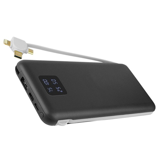 Power Bank Kari 10.000mAh, Built-In charging cable 4in1, Micro-USB/8-Pin/Type-C + USB-A, black
