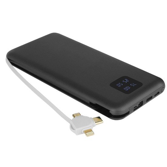 Power Bank Kari 10.000mAh, Built-In charging cable 4in1, Micro-USB/8-Pin/Type-C + USB-A, black