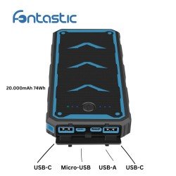 Solar Power Bank Xora20Q mit Wireless Charger sw 20000 mAh, FC, LED Licht, 2 x USB-A, 1 x Typ-C Solar Power Bank Xora20Q mit Wireless Charger sw 20000 mAh, FC, LED Licht, 2 x USB-A, 1 x Typ-C
