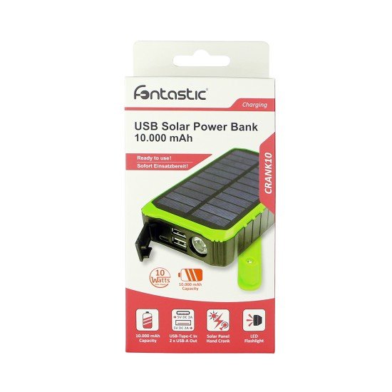Solar Outdoor Power Bank Crank10 10000mAh black Solar Panels, Hand Crank, Torch, USB-A, Type-C
