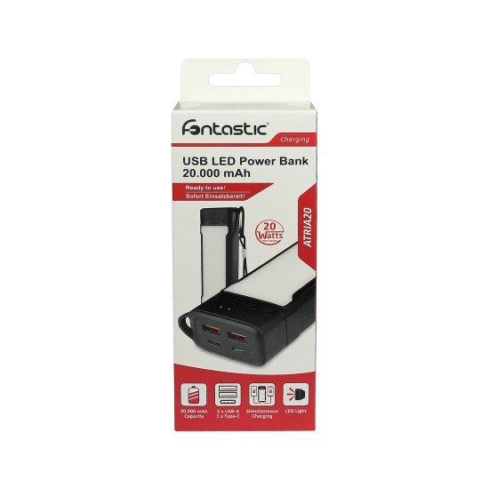 Power Bank with LED Torch Atria20 20000mAh black 3 Brightness Levels + SOS Flash Light USB-A Type-C Power Bank with LED Torch Atria20 20000mAh black 3 Brightness Levels + SOS Flash Light USB-A Type-C