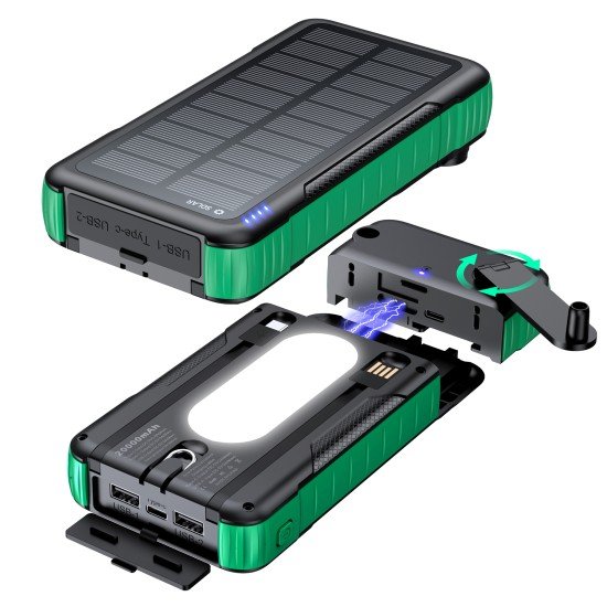 Fontastic Kurbel-Dynamo Solar Powerbank 10.000mAh abnehmbare Handkurbel, integriertes Ladekabel, LED