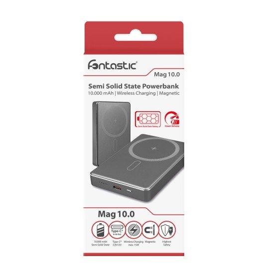 Fontastic Powerbank Mag10.0, ultrad&uuml;nn, 10.000 mAh Kabelloses Laden neue Semi-Solid-State-Technologie