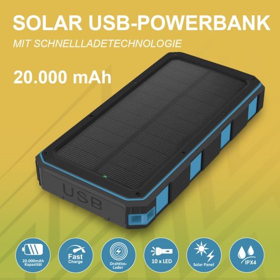 Solar Power Bank Xora20Q with wireless charging 20000mAh, FC, LED Light, 2 x USB-A, 1 x Type-C, bl