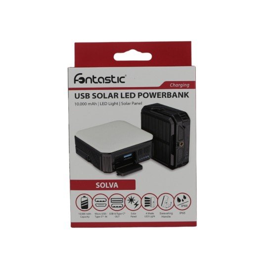 Fontastic 2-in-1 Solar LED Light Power Bank black &ldquo;Solva10.0&rdquo; 10000mAh, Dimmable, SOS Signal Light