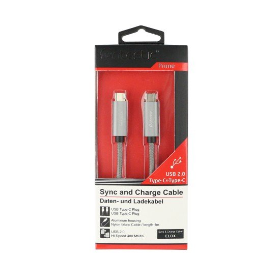 Data Cable Elox USB Type-C > Type-C 2.0 1m Sp Grey Connector Cover Al Cable Nylon Braid Data Cable Elox USB Type-C > Type-C 2.0 1m Sp Grey Connector Cover Al Cable Nylon Braid