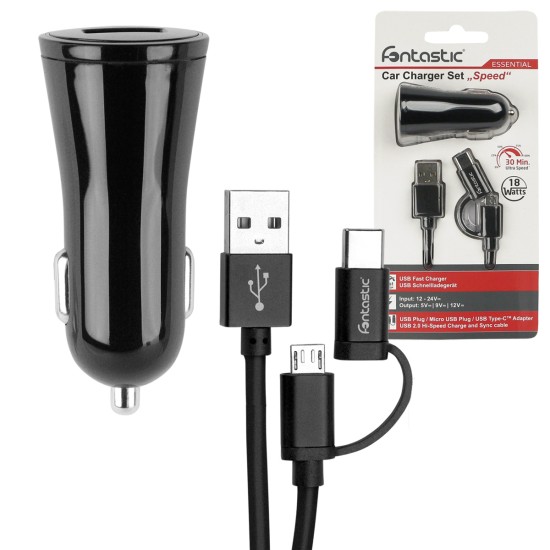 Car charger Speed Fast Charge 3 USB 18W black with Data Cable Micro-USB/Type-C 1.2m