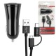 Car charger Speed Fast Charge 3 USB 18W black with Data Cable Micro-USB/Type-C 1.2m