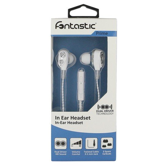 In Ear Headset Duett, with Dual Driver, white 3-Button-Remote, Mic, Ear Gel Kit