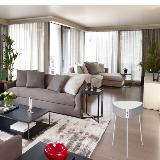 Drahtloser Lautsprecher Mesu Tisch Design TWS ws Raumf&uuml;llender Klang, Tischplatte induktives Laden