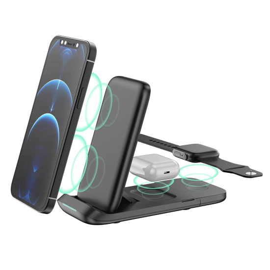 3in1 Induktive Ladestation,15W Fast Charge Wi-Tres komp. Smartphone, Smartwatch, TWS Kopfh&ouml;rer, sw
