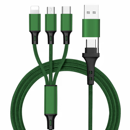 6in1 Ladekabel USB-A/Type-C/8-Pin/Micro USB 1.2m Al-Geh&auml;use, Nylon ummantelt, Multi-Laden 2.4A gr&uuml;n
