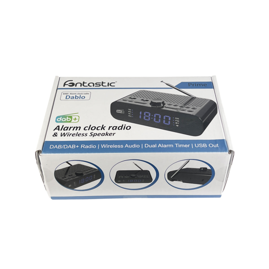 DAB+/FM Radiowecker und Drahtloser Lautsprecher sw Gro&szlig;es Display, Senderspeicher, eingebauter Akku