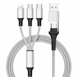 6in1 Ladekabel USB-A/Type-C/8-Pin/Micro USB 1.2m Al-Geh&auml;use, Nylon ummantelt, Multi-Laden 2.4A silb