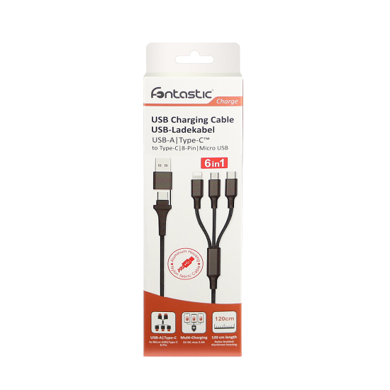 6in1 Ladekabel USB-A/Type-C/8-Pin/Micro USB 1.2m Al-Geh&auml;use, Nylon ummantelt, Multi-Laden 2.4A sw