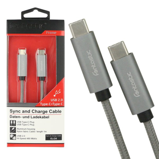 Datenkabel Elox USB Type-C > Type-C 2.0 1m Silber Stecker Alu-Geh&auml;use Kabel Nylon-Ummantelung