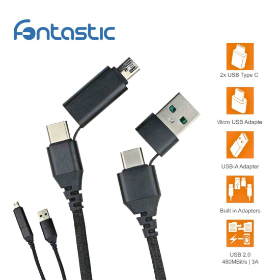 Datenkabel Quattro Type-C - Type C 1.5m + Adapt sw Stecker Alu-Geh&auml;use, Kabel Nylon-Ummantelung, 4in1