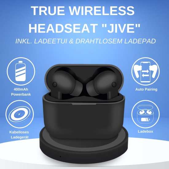 TWS In-Ear Kopfh&ouml;rer Jive inkl Ladecase, schwarz Kabelloses Laden &uuml;ber das mitgelieferte Ladepad