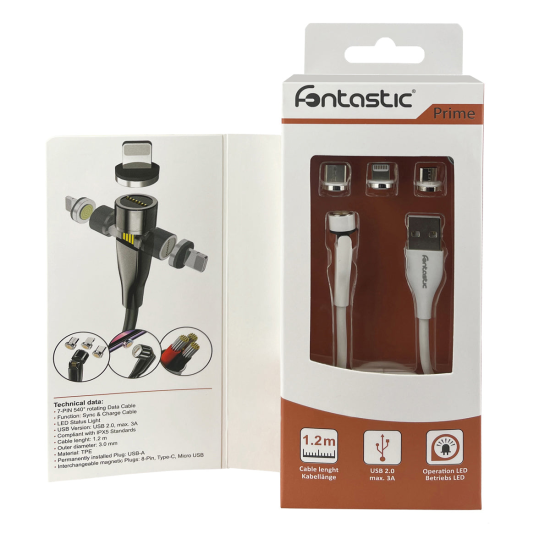 3in1 - Magnet Datenkabel 540Grad Drehbar, wei&szlig; 8-PIN+Typ-C+MIcro USB, Max.3A, 1,2M, IPX5 konform