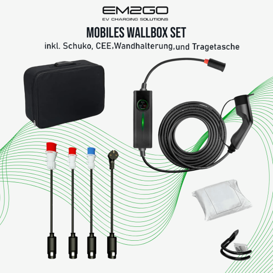 AC Portable EV Lader "MULTI-PLUG" 6m Typ 2 Kabel 3.6kW-16kW + 4 Adapterkabel,+Halterung