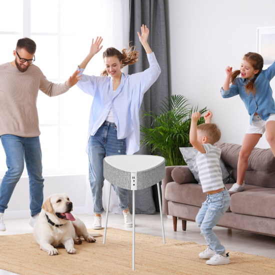 Drahtloser Lautsprecher Mesu Tisch Design TWS ws Raumf&uuml;llender Klang, Tischplatte induktives Laden