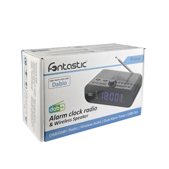 DAB+/FM Radiowecker und Drahtloser Lautsprecher sw Gro&szlig;es Display, Senderspeicher, eingebauter Akku