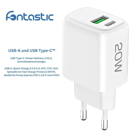 Netzteil Ovin, USB-A FC3 + Typ-C PD20W wei&szlig; Power Delivery, Fast Charge 3, T&Uuml;V / GS-Zertifikat