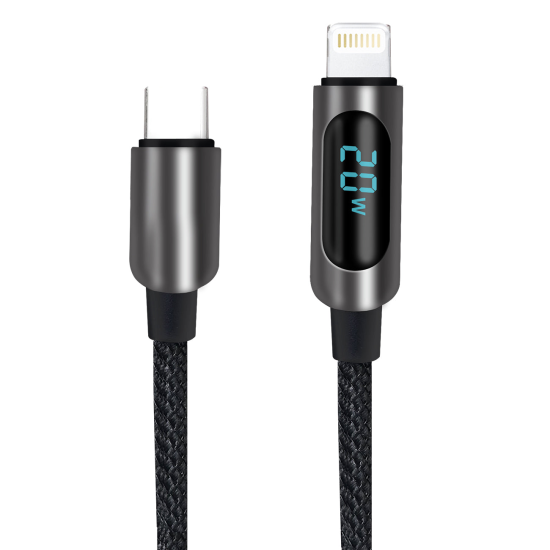 Datenkabel mit Digitalanzeige Typ-C > 8 PIN 1.2m Alu-Geh&auml;use, Kabel Nylon, 20W, max.2,22A, Kuva, sw