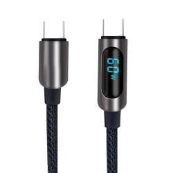 Datenkabel mit Digitalanzeige Typ-C > Typ-C 1.2m Alu-Geh&auml;use, Kabel Nylon, 60W PD, max.3A, Kuva, sw