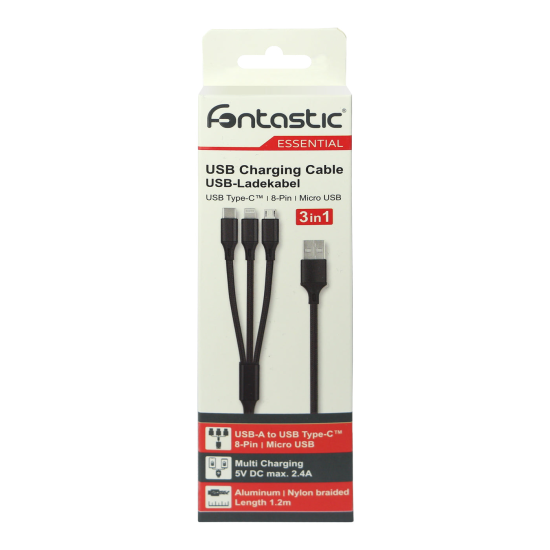 3in1 Essential Ladekabel TypC/8-PIN/Micro USB 1.2M Al-Geh&auml;use, Nylon ummantelt, Multi-Charging 2A sw