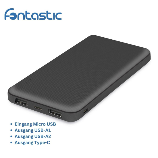Power Bank Renz10 10.000mAh, 2x USB-A & 1x Typ-C Ladezustandsanzeige, In & Output 5V / 2A, schwarz