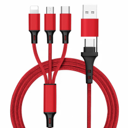 6in1 Ladekabel USB-A/Type-C/8-Pin/Micro USB 1.2m Al-Geh&auml;use, Nylon ummantelt, Multi-Laden 2.4A rot