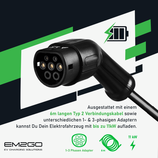 AC Portable EV Lader "MULTI-PLUG" 6m Typ 2 Kabel 3.6kW-16kW + 4 Adapterkabel,+Halterung