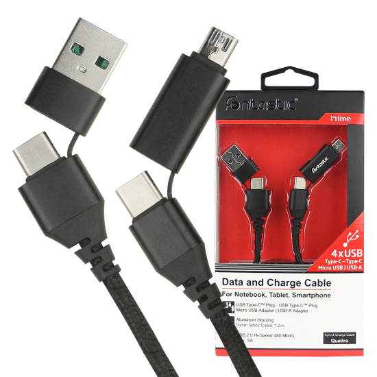 Datenkabel Quattro Type-C - Type C 1.2m + Adapt sw Stecker Alu-Geh&auml;use, Kabel Nylon-Ummantelung, 4in1