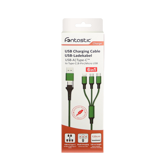 6in1 Ladekabel USB-A/Type-C/8-Pin/Micro USB 1.2m Al-Geh&auml;use, Nylon ummantelt, Multi-Laden 2.4A gr&uuml;n