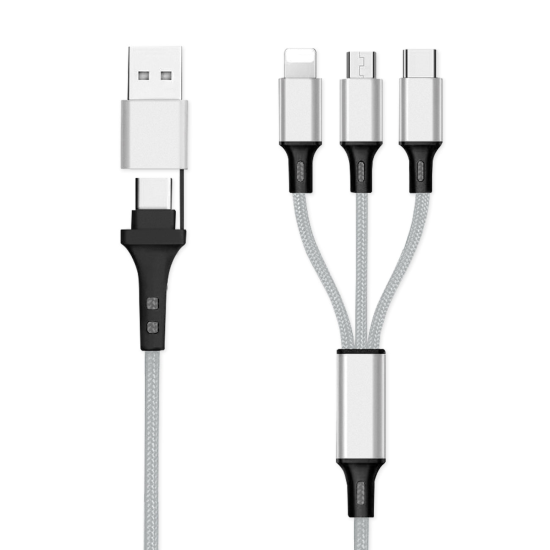 6in1 Ladekabel USB-A/Type-C/8-Pin/Micro USB 1.2m Al-Geh&auml;use, Nylon ummantelt, Multi-Laden 2.4A silb