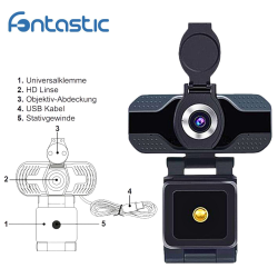 Webcam 1080P Full HD mit eingebautem Mikrofon 2K, USB-A Plug & Play, Objektivabdeckung, schwarz